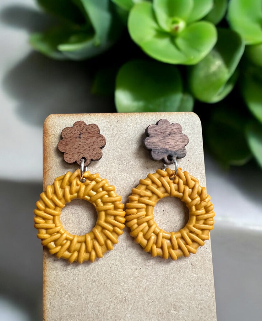 Yellow Rattan Round Earrings